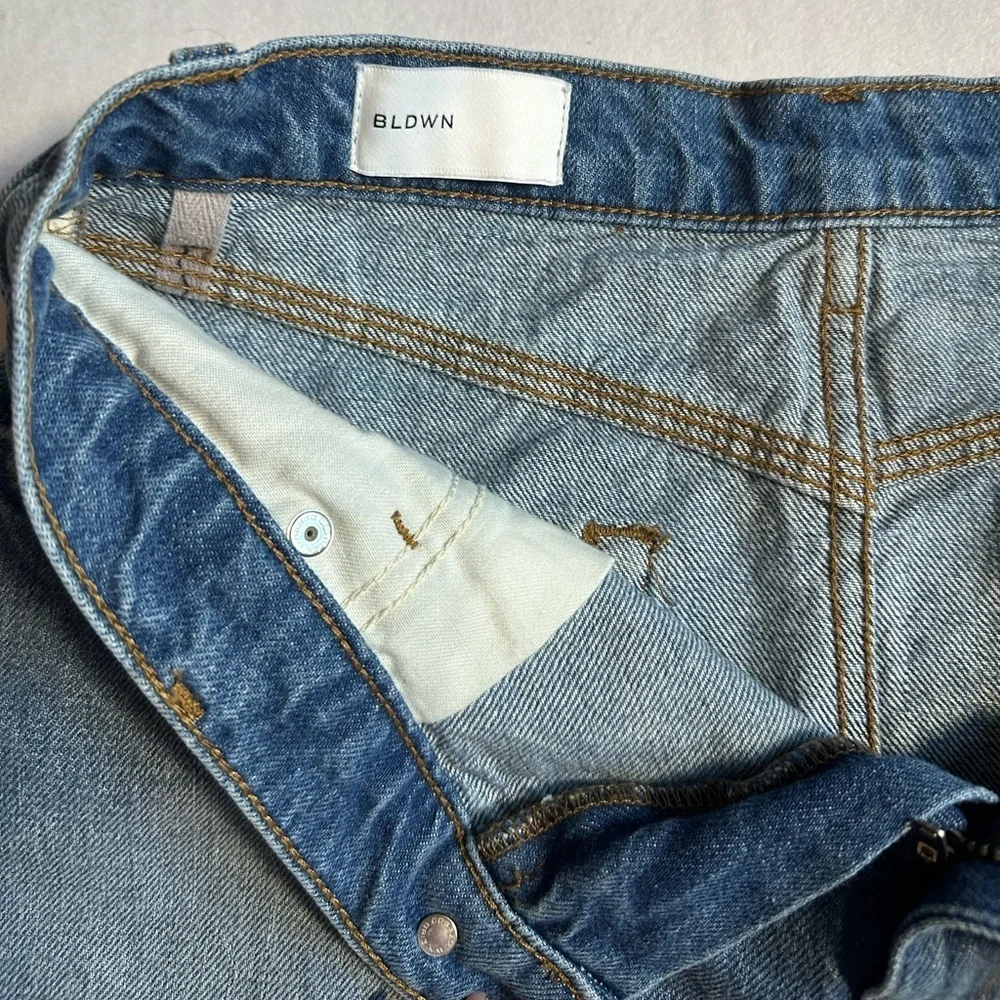BLDWN Denim Mini Skirt Made in USA Size 27 Asymmetrical Raw Hem Jean Skirt - Picture 4 of 6